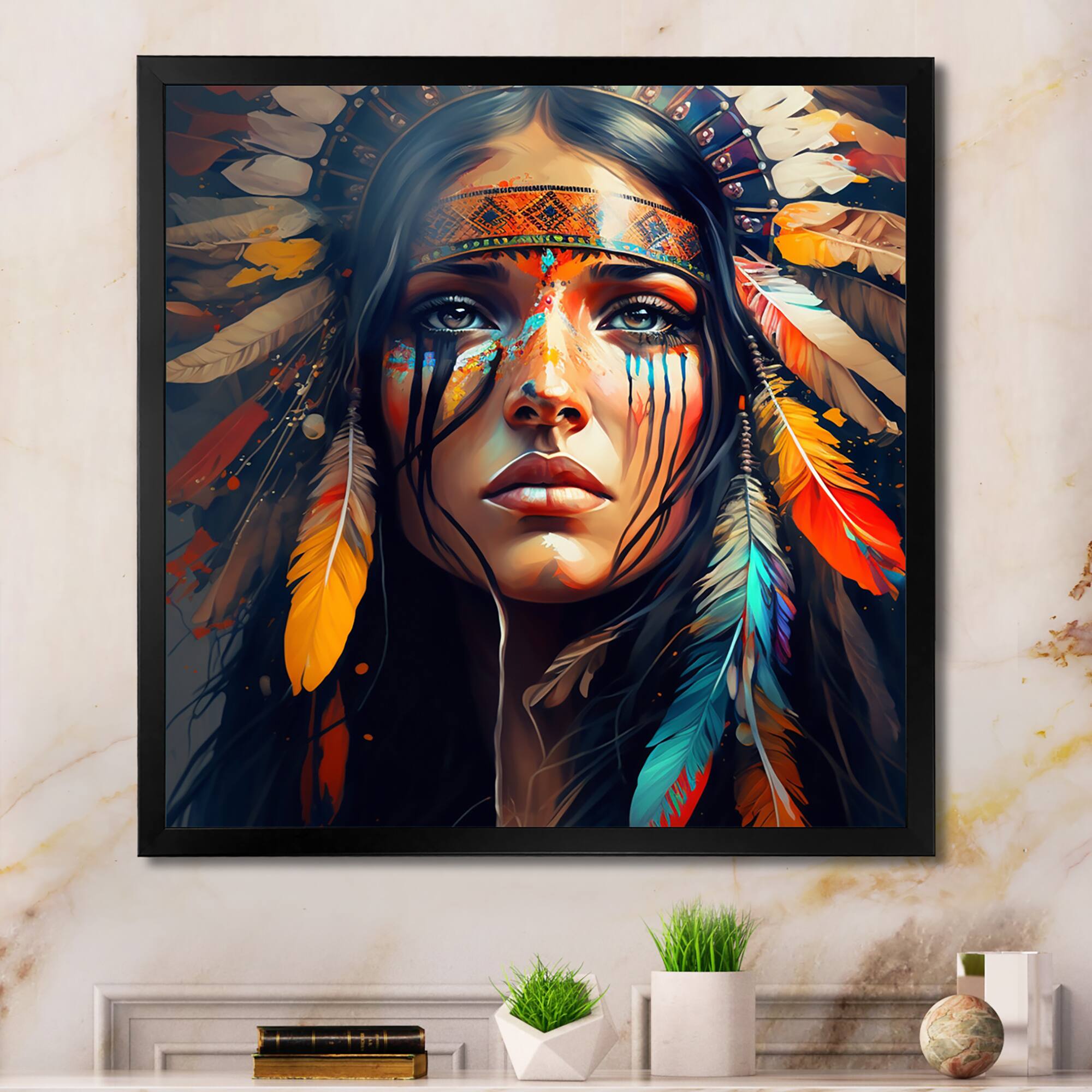 Designart 'Colorful Native American Woman VI' Contemporary Glam Framed Canvas Wall Art
